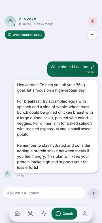 Wyvo AI coach chat answering a question about what to eat today