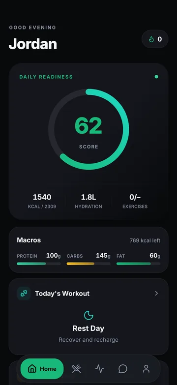Wyvo home screen with daily readiness score, calories and macros