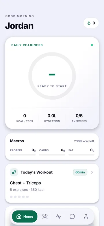 Wyvo home screen with daily readiness score, calories and macros