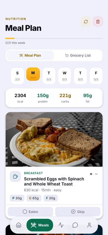 Wyvo meal plan screen with daily calories, macros and a breakfast meal card